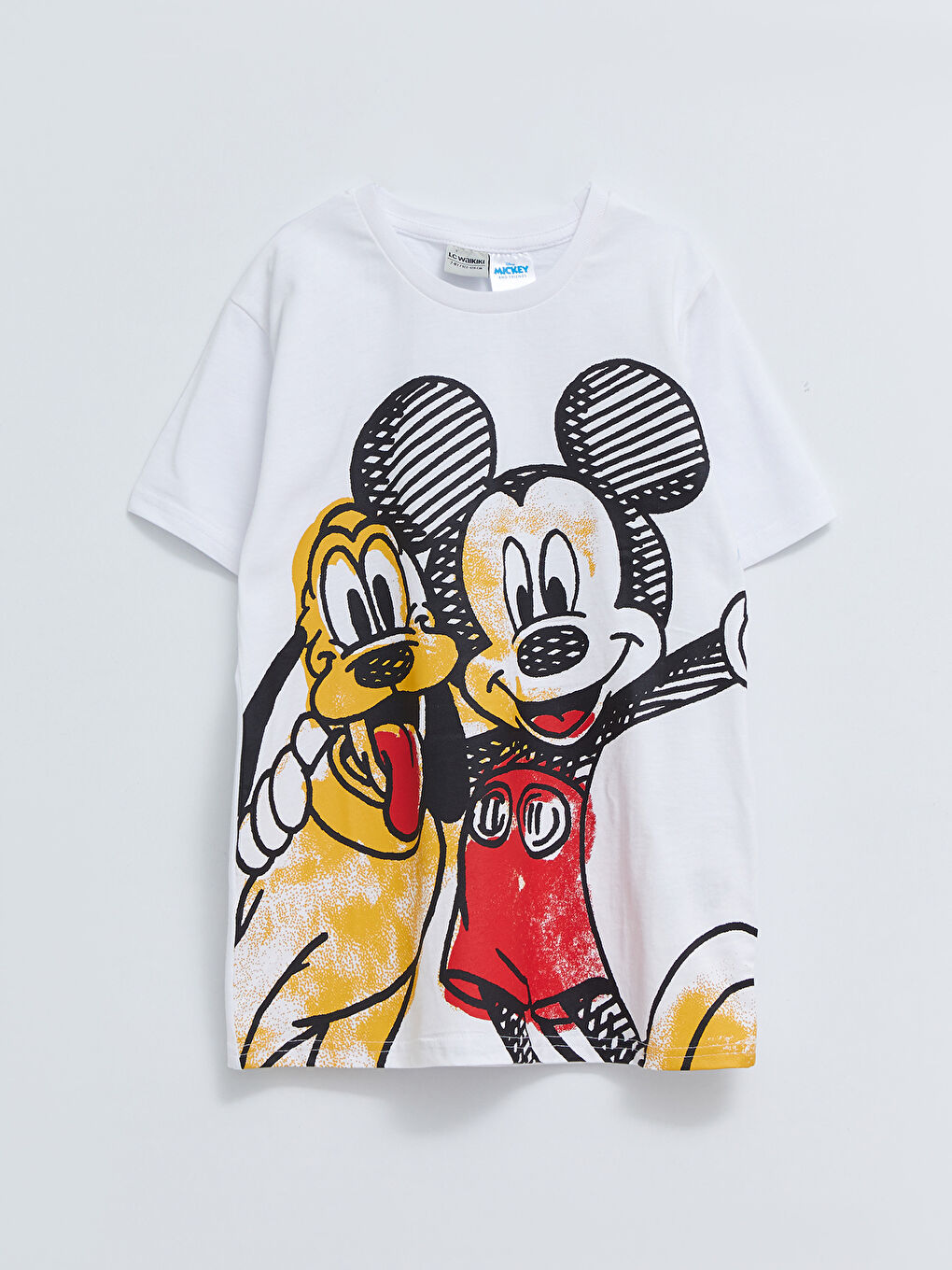 Beyaz Bisiklet Yaka Mickey Mouse Baskılı Kısa Kollu Pamuklu Erkek Çocuk Tişört