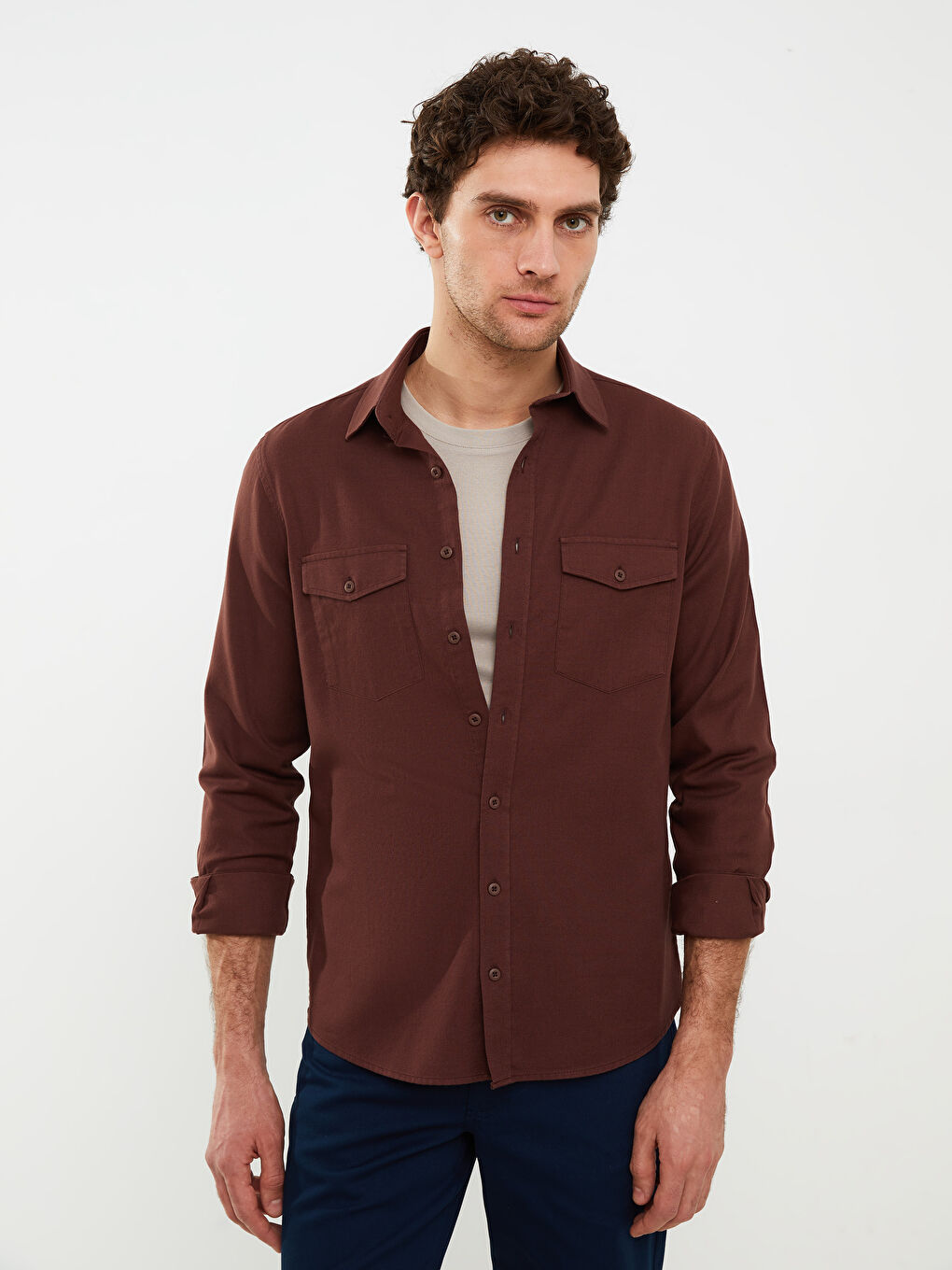 Kahverengi Regular Fit Uzun Kollu Erkek Gömlek