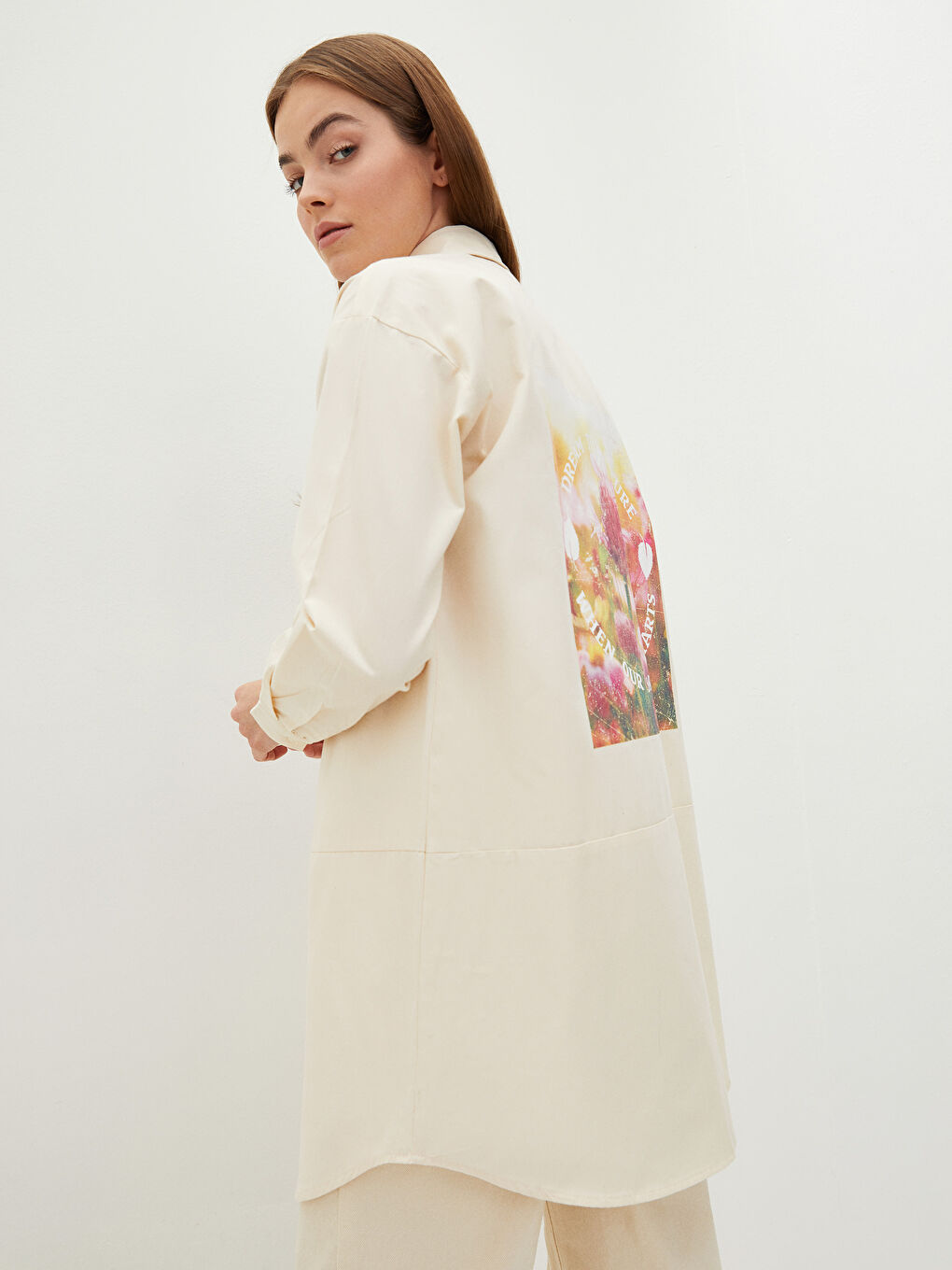 Tunică cămașă supradimensionată imprimată cu mânecă lungă din gabardină pentru femei