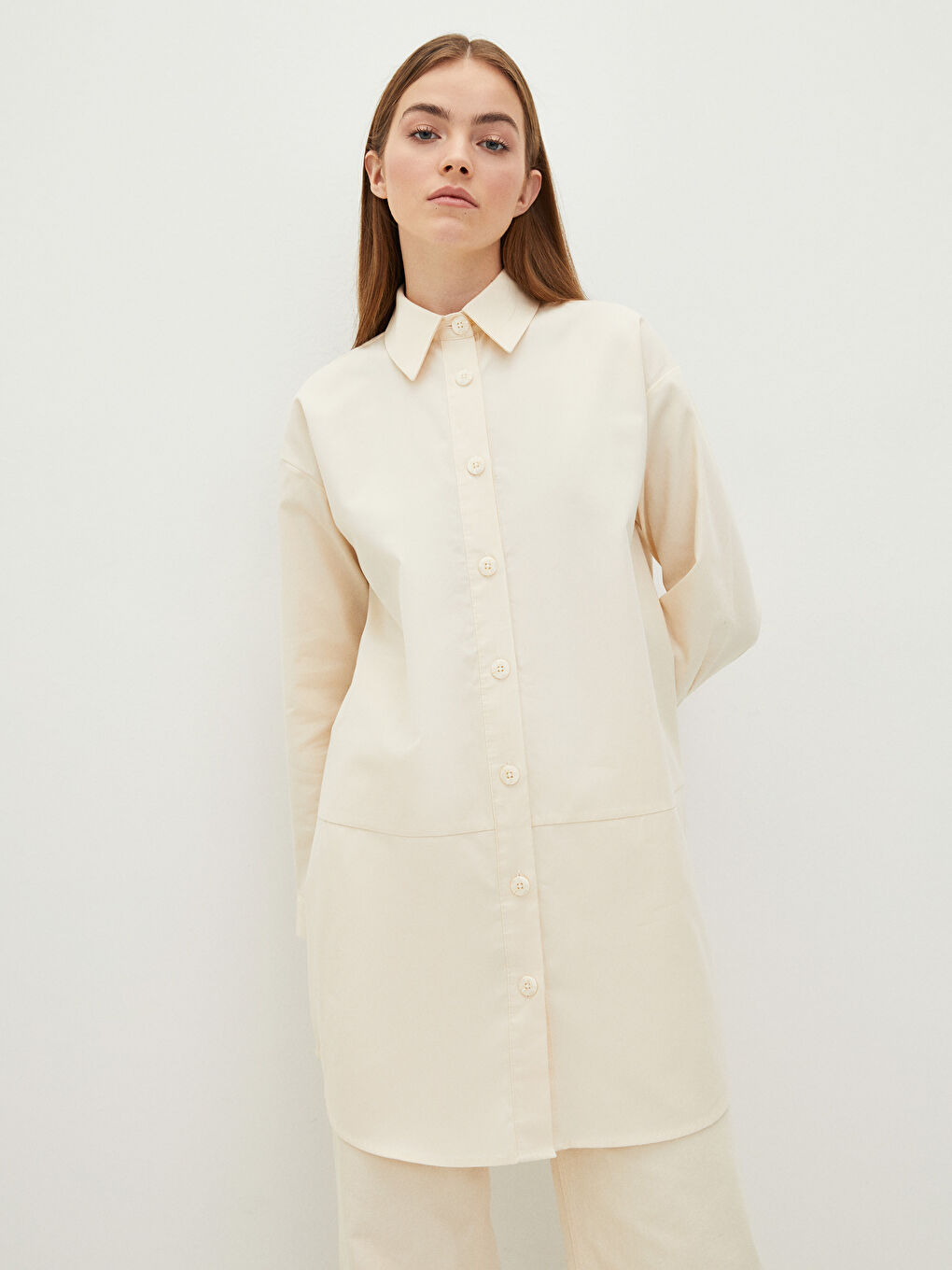 Tunică cămașă supradimensionată imprimată cu mânecă lungă din gabardină pentru femei-1