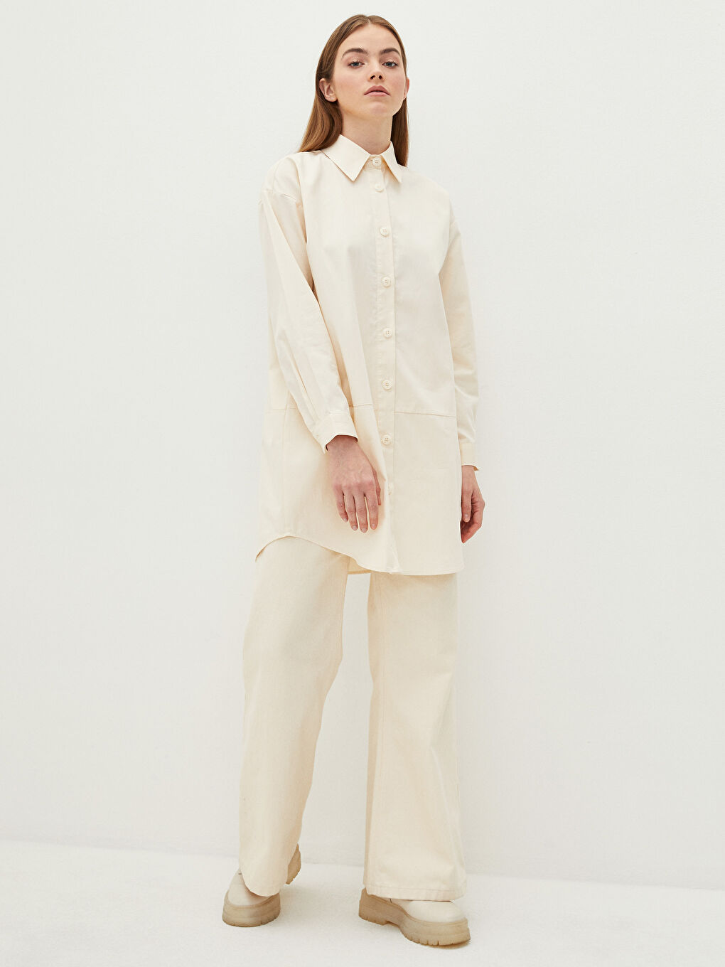 Tunică cămașă supradimensionată imprimată cu mânecă lungă din gabardină pentru femei-2