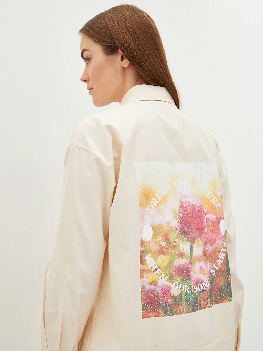 Tunică cămașă supradimensionată imprimată cu mânecă lungă din gabardină pentru femei-3