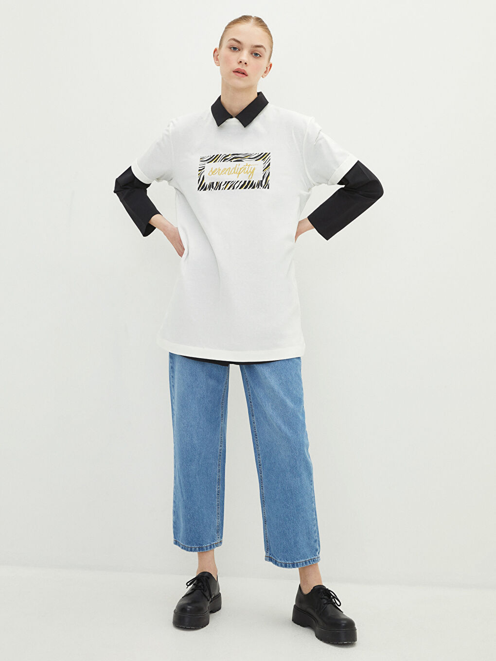 تونيك نسائي برقبة دائرية مطبوع بأكمام قصيرة من القطن-2