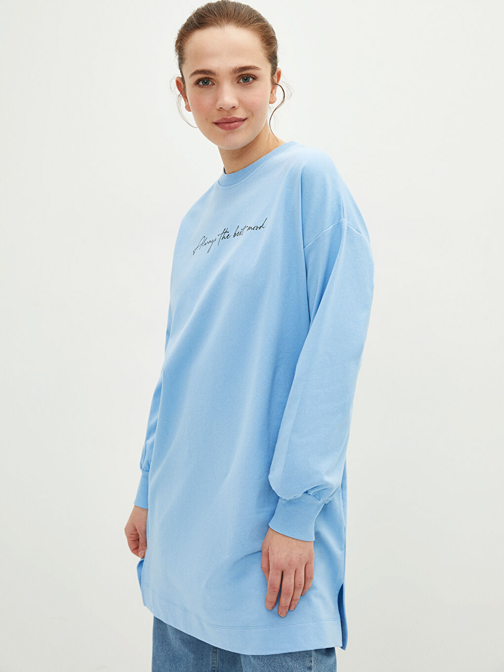 Mavi Bisiklet Yaka Yazı Baskılı Uzun Kollu Oversize Kadın Sweatshirt Tunik-1