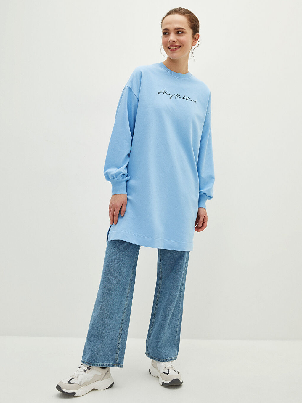 Mavi Bisiklet Yaka Yazı Baskılı Uzun Kollu Oversize Kadın Sweatshirt Tunik-3