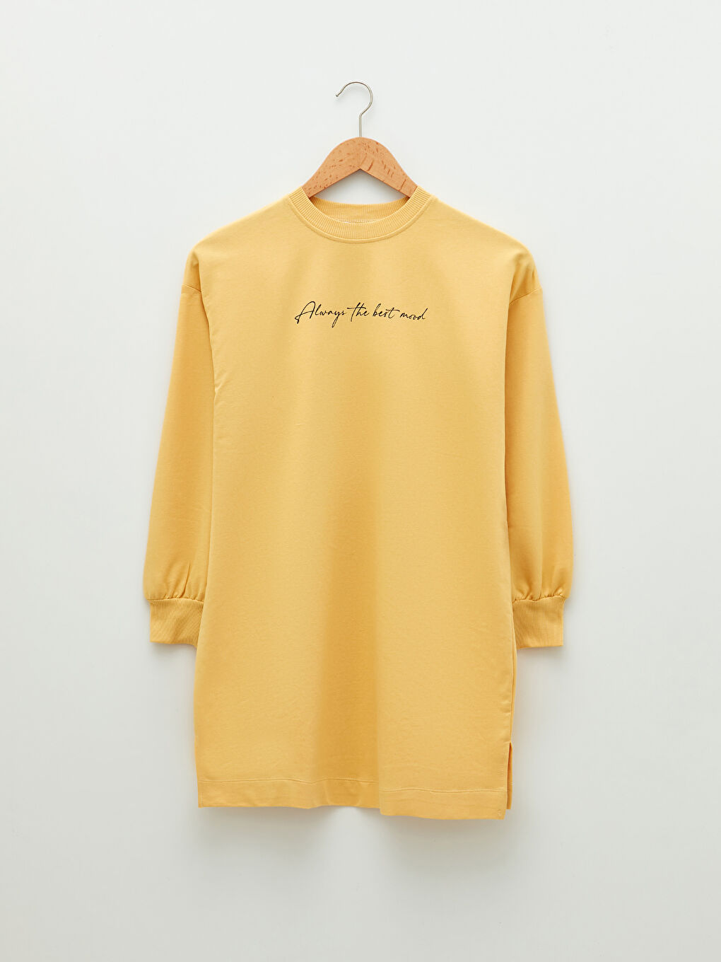 Sarı Bisiklet Yaka Baskılı Uzun Kollu Oversize Kadın Sweatshirt Tunik-4