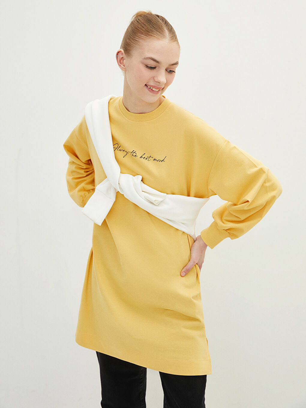 Sarı Bisiklet Yaka Baskılı Uzun Kollu Oversize Kadın Sweatshirt Tunik