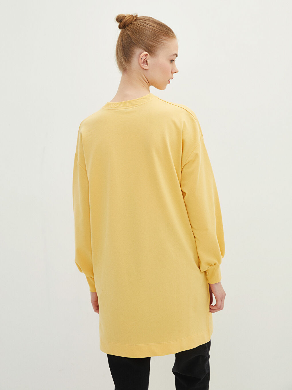 Sarı Bisiklet Yaka Baskılı Uzun Kollu Oversize Kadın Sweatshirt Tunik-3