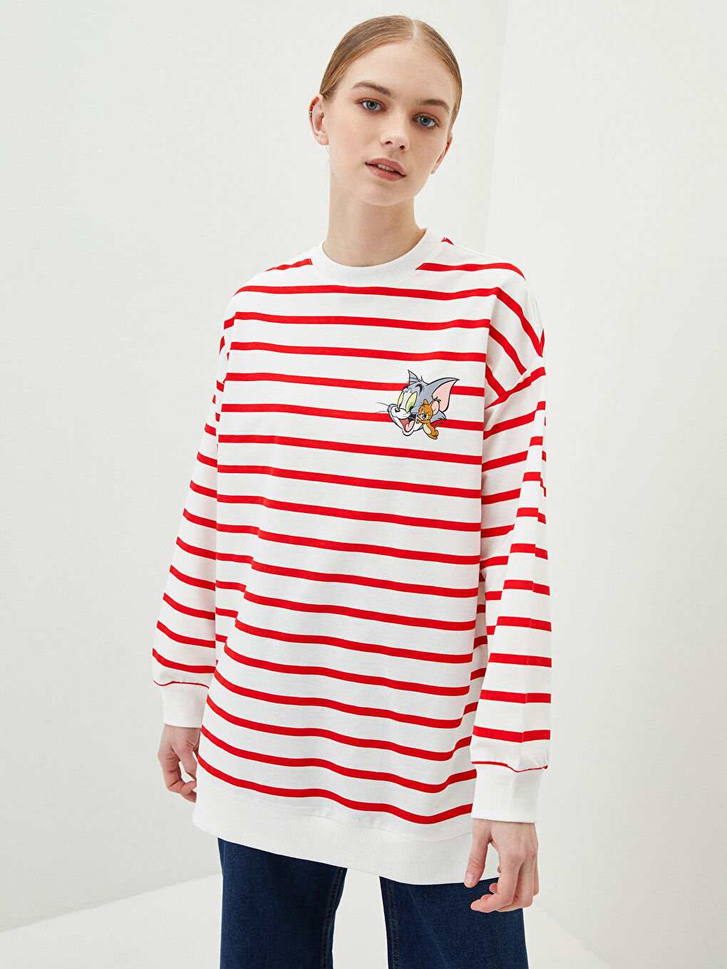 Tunique en Sweatshirt Oversize à Rayures Col Rond Imprimé Tom&Jerry à Manches Longues pour Femmes