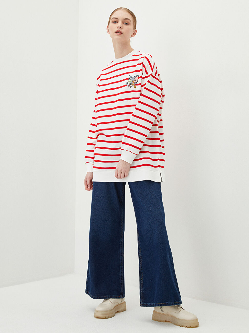 Tunique en Sweatshirt Oversize à Rayures Col Rond Imprimé Tom&Jerry à Manches Longues pour Femmes-2