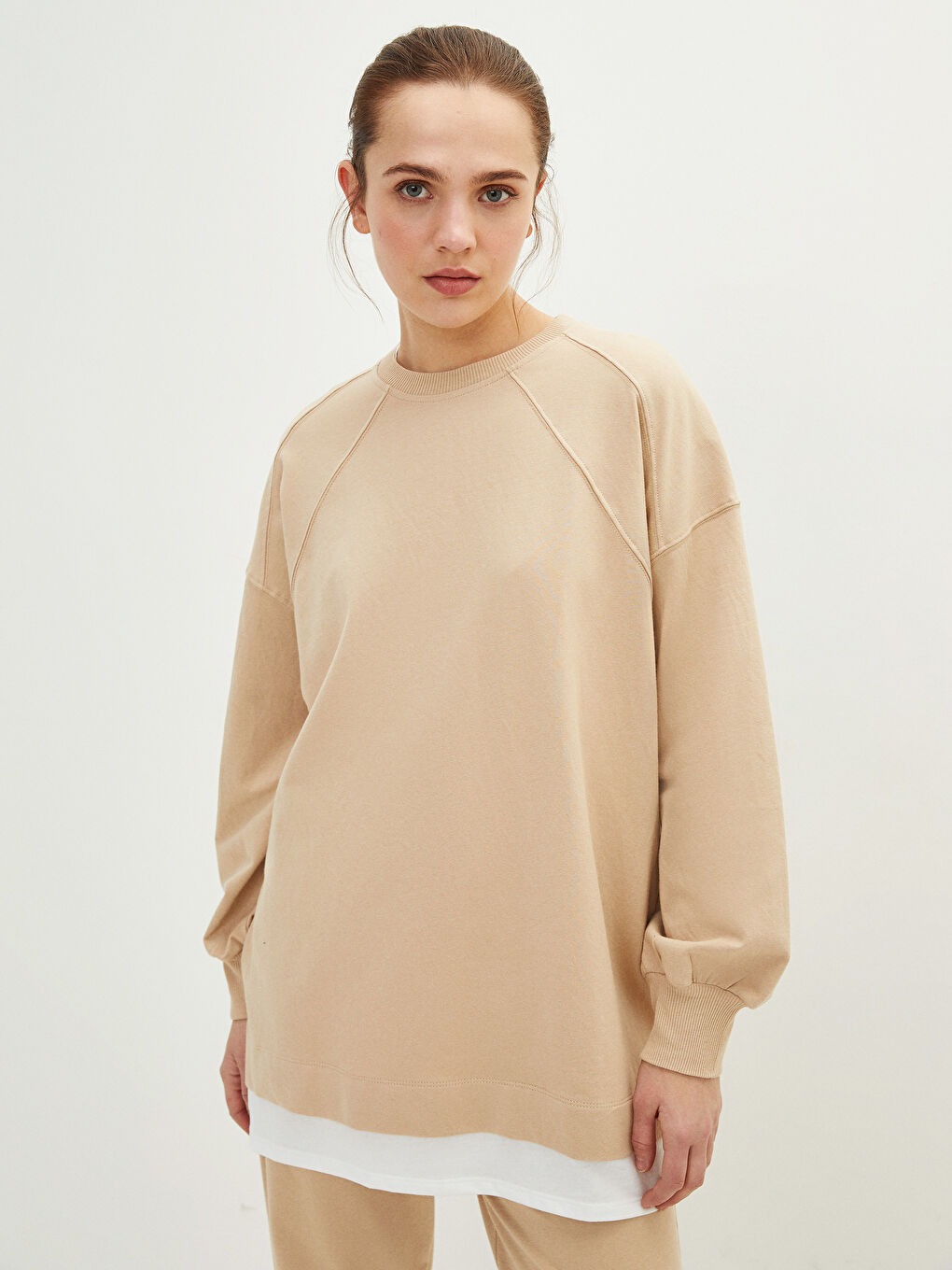 Crew Neck Plain Oversize Women's Sweatshirt Tunic