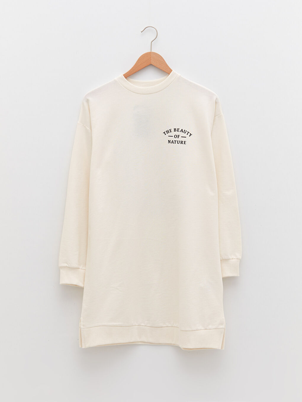 Bej Dik Yaka Baskılı Uzun Kollu Oversize Kadın Sweatshirt Tunik-5