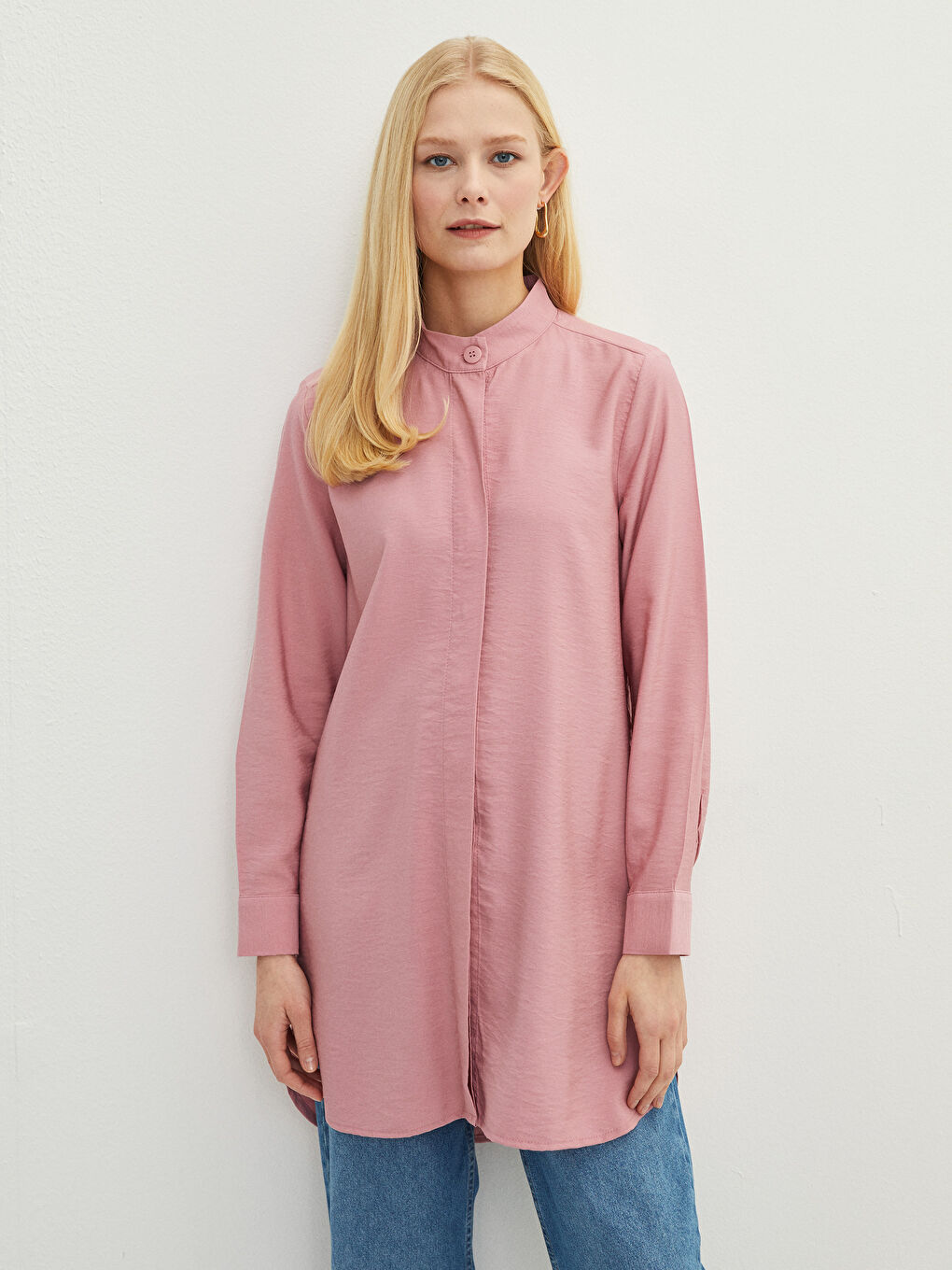 Grandad Collar Plain Long Sleeve Women's Tunic-1