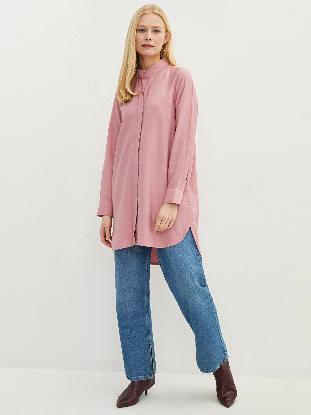 Grandad Collar Plain Long Sleeve Women's Tunic-2