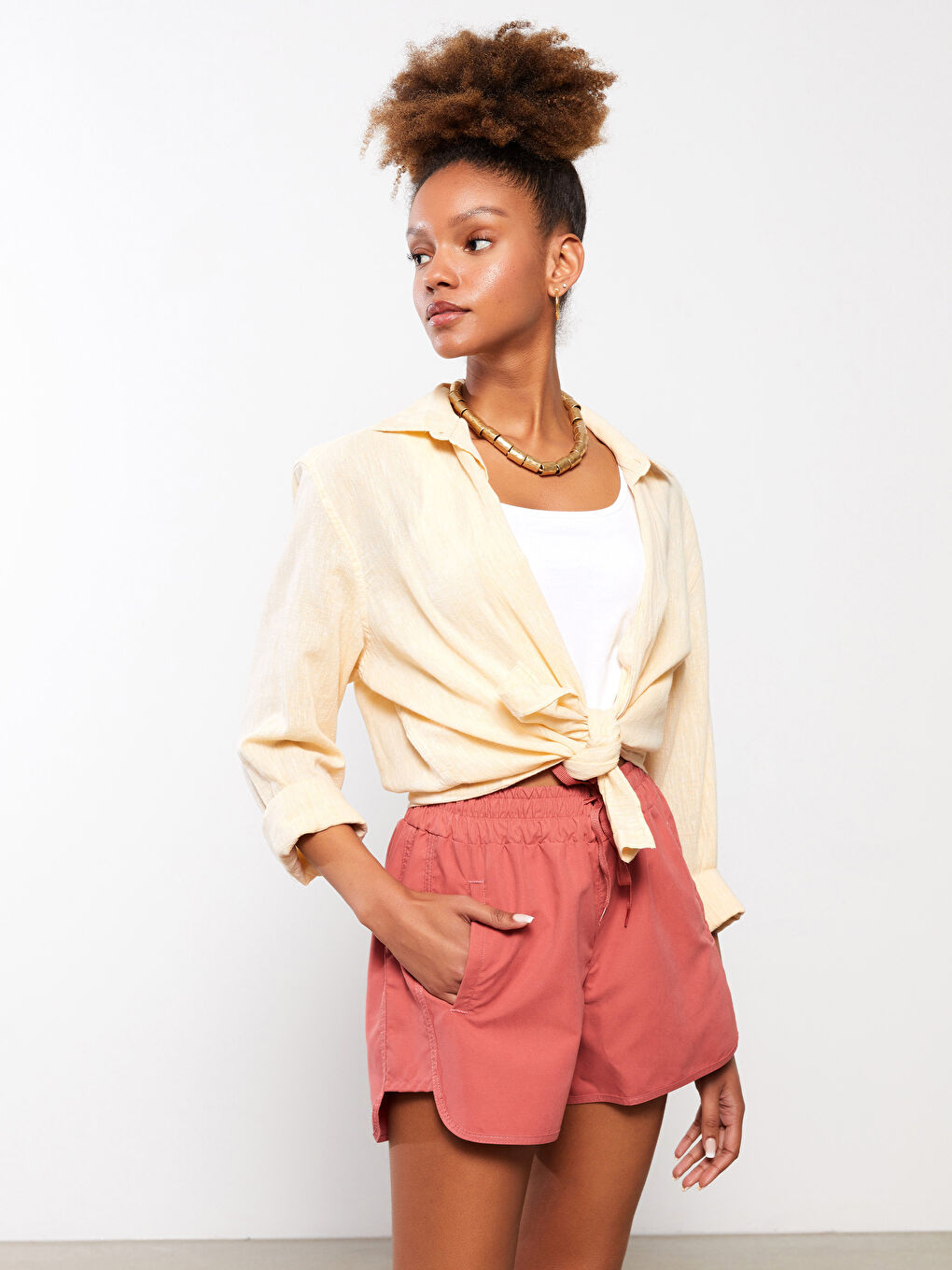 Pembe Beli Lastikli Desenli Kadın Deniz Şortu-2