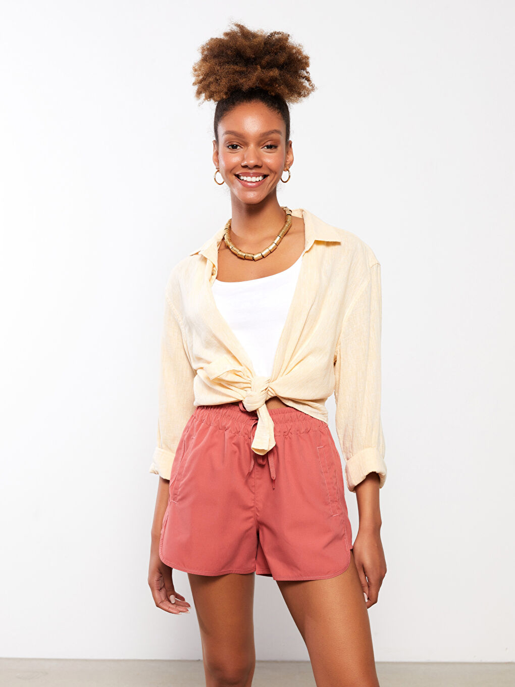 Pembe Beli Lastikli Desenli Kadın Deniz Şortu-3