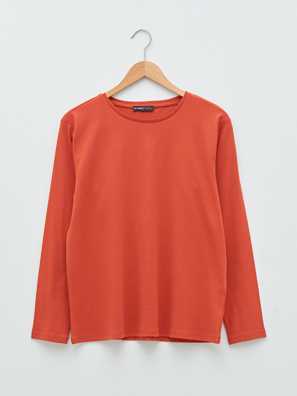 Turuncu Bisiklet Yaka Düz Uzun Kollu Pamuklu Kadın Tişört-4