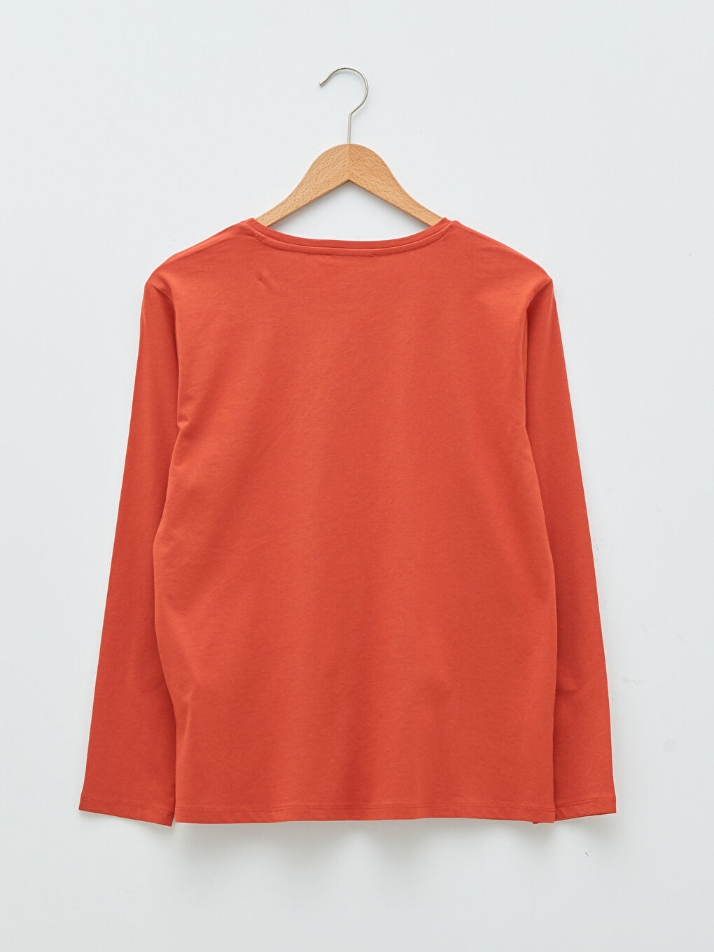 Turuncu Bisiklet Yaka Düz Uzun Kollu Pamuklu Kadın Tişört-5