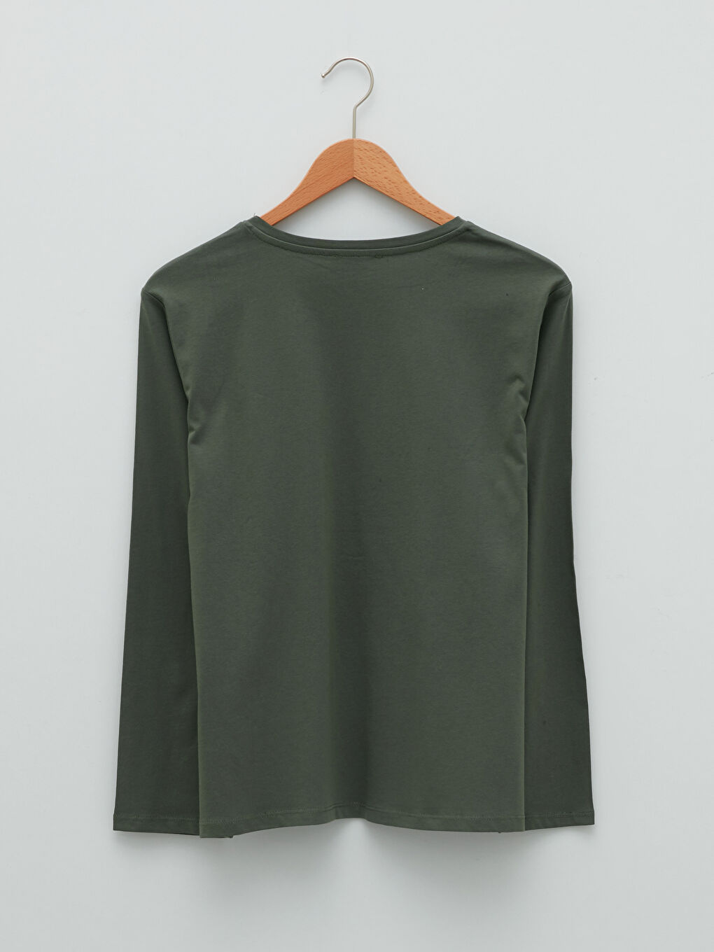 Yeşil Bisiklet Yaka Düz Uzun Kollu Pamuklu Kadın Tişört-7