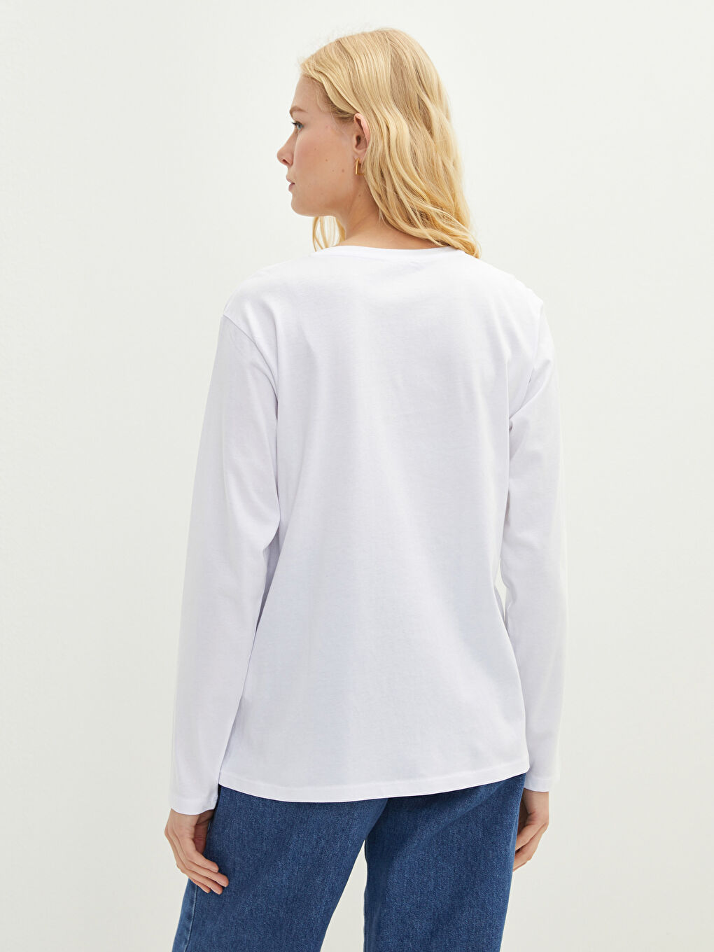 Ekru Bisiklet Yaka Düz Uzun Kollu Pamuklu Kadın Tişört-1