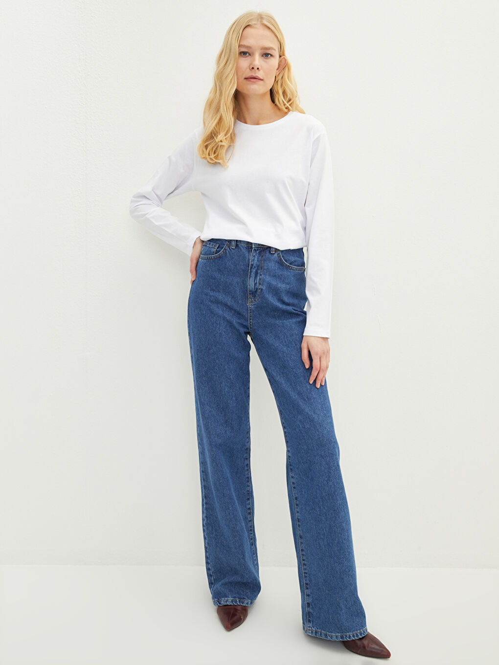 Ekru Bisiklet Yaka Düz Uzun Kollu Pamuklu Kadın Tişört-2