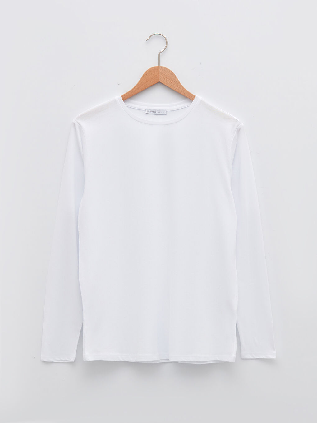 Ekru Bisiklet Yaka Düz Uzun Kollu Pamuklu Kadın Tişört-5