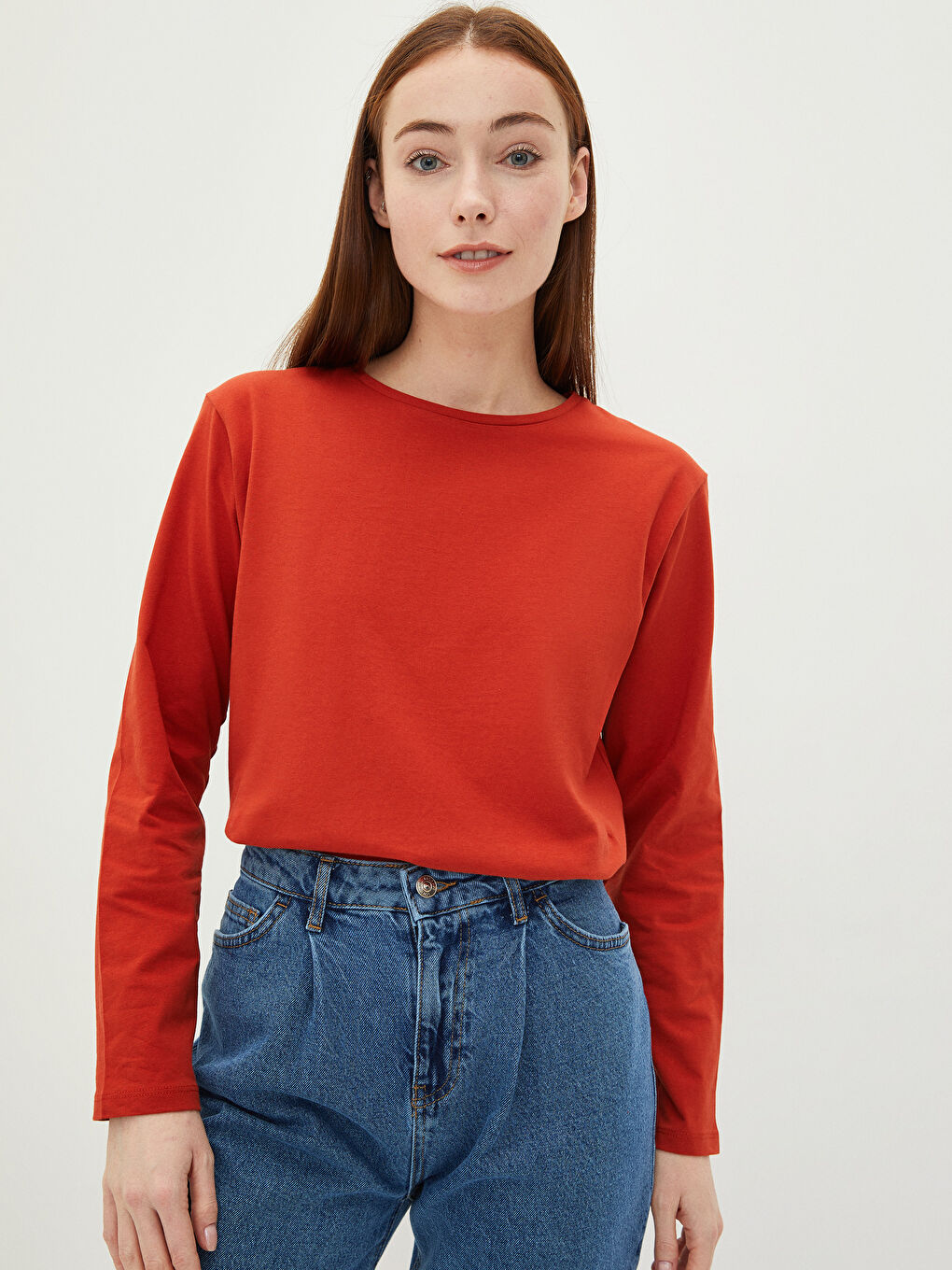 Turuncu Bisiklet Yaka Düz Uzun Kollu Pamuklu Kadın Tişört