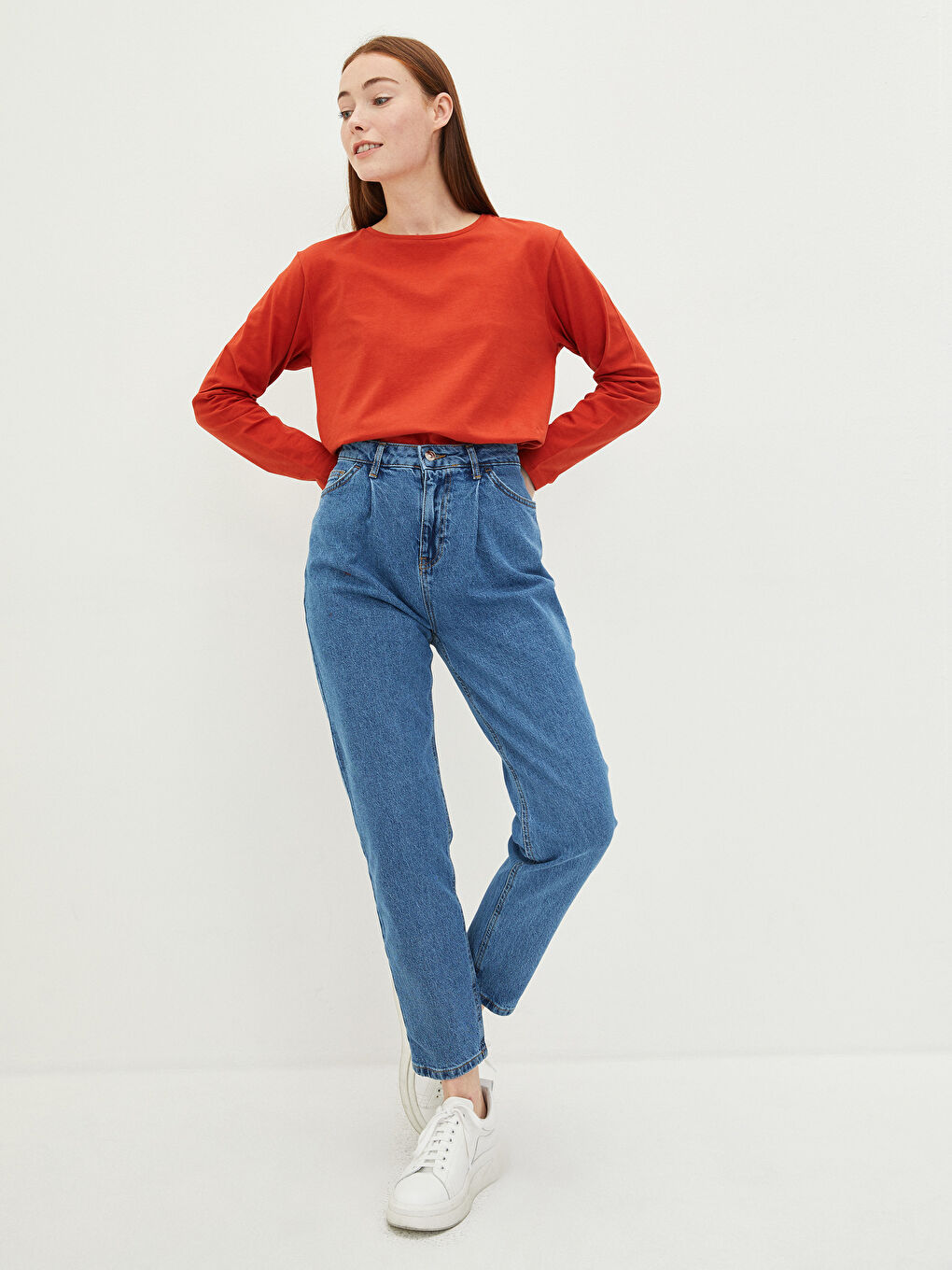 Turuncu Bisiklet Yaka Düz Uzun Kollu Pamuklu Kadın Tişört-1