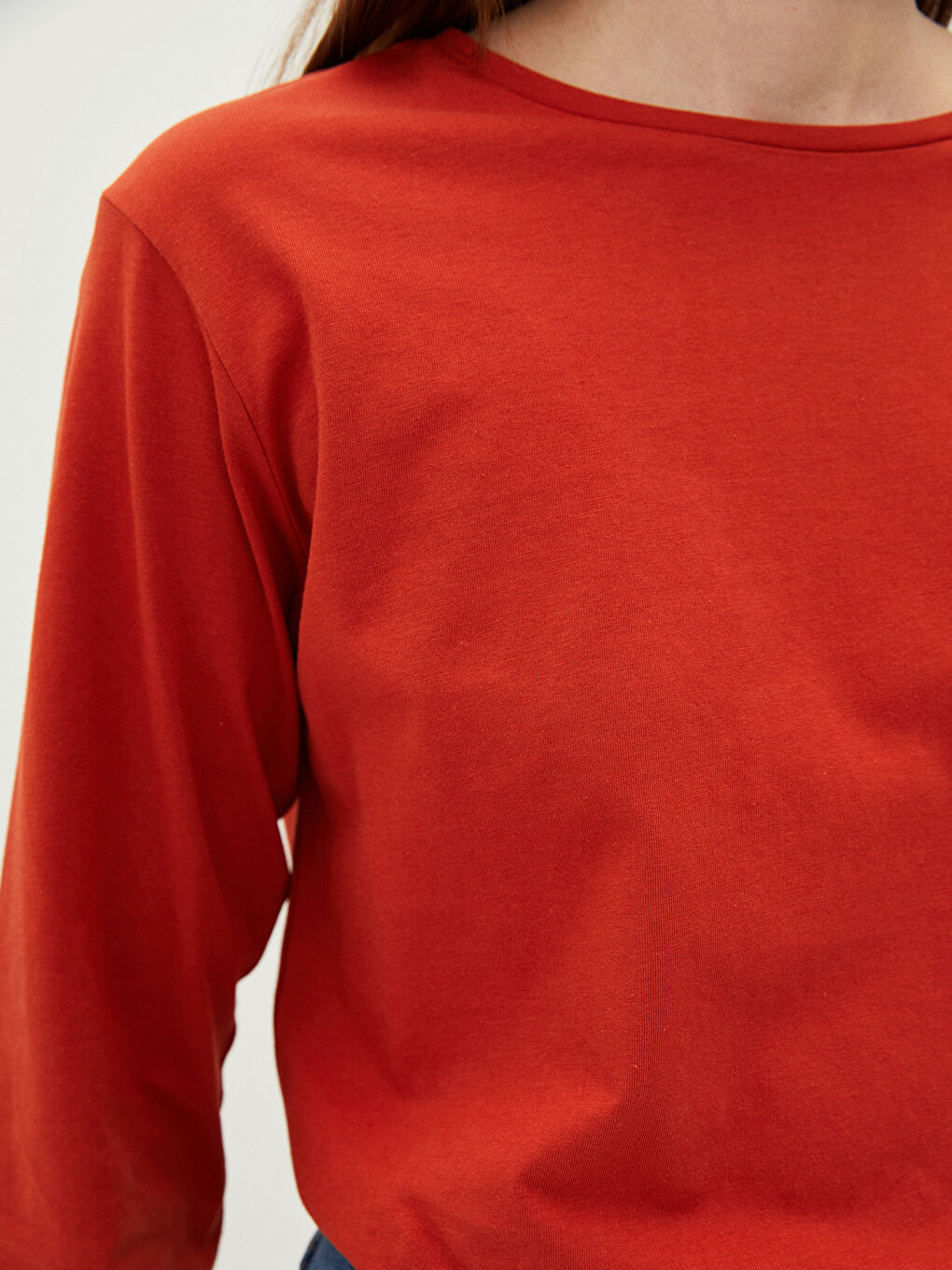 Turuncu Bisiklet Yaka Düz Uzun Kollu Pamuklu Kadın Tişört-2