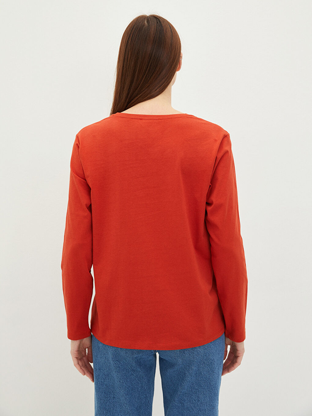 Turuncu Bisiklet Yaka Düz Uzun Kollu Pamuklu Kadın Tişört-3