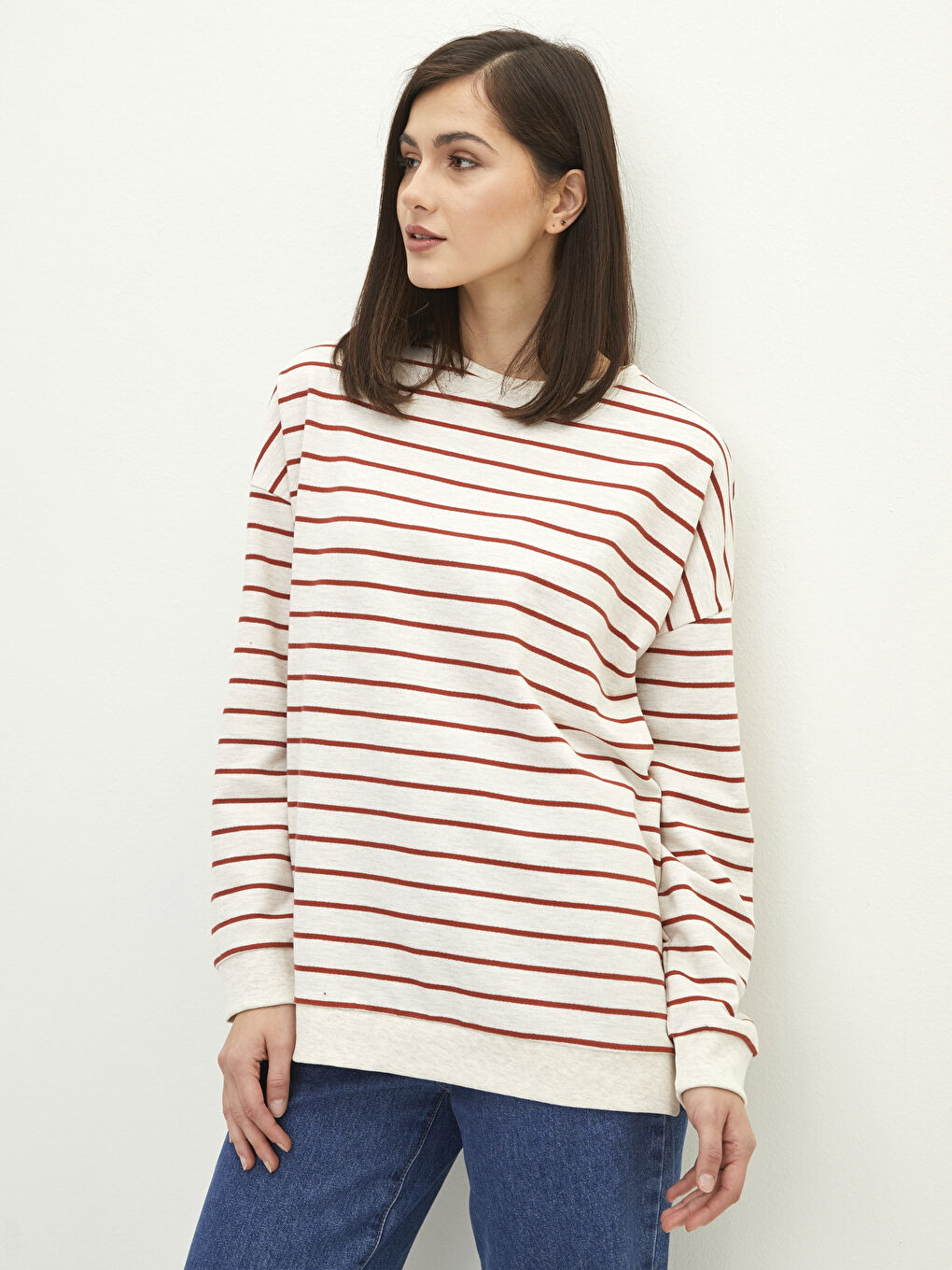 Kahverengi Bisiklet Yaka Çizgili Uzun Kollu Oversize Kadın Sweatshirt