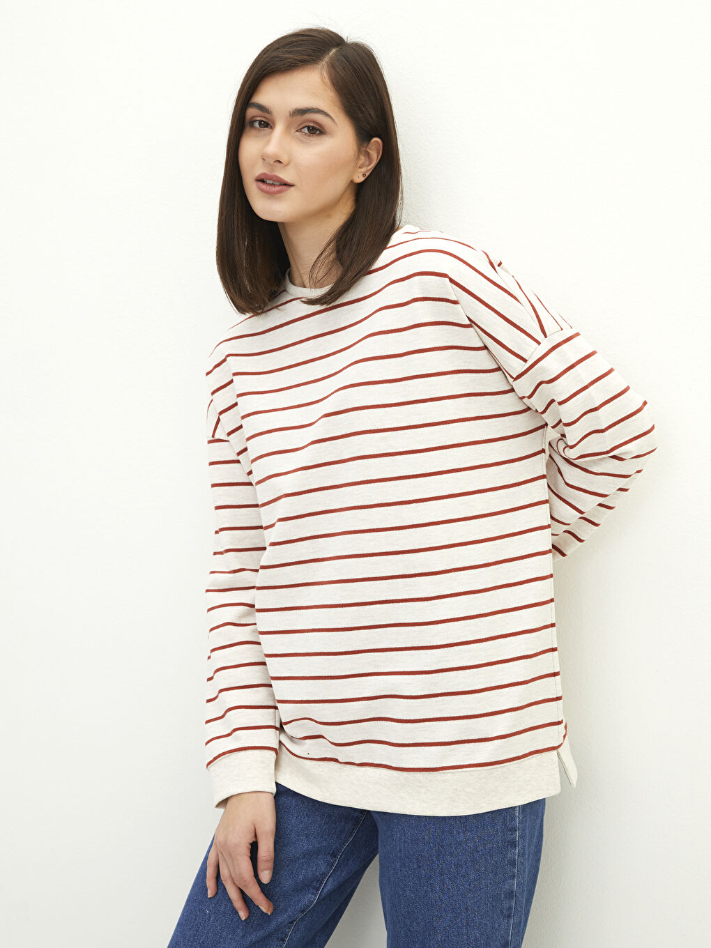 Kahverengi Bisiklet Yaka Çizgili Uzun Kollu Oversize Kadın Sweatshirt-1