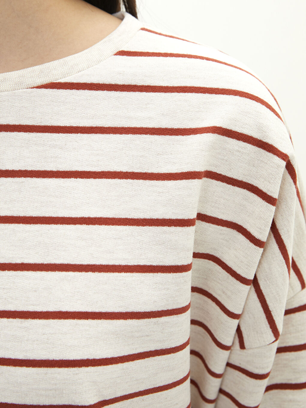 Kahverengi Bisiklet Yaka Çizgili Uzun Kollu Oversize Kadın Sweatshirt-3