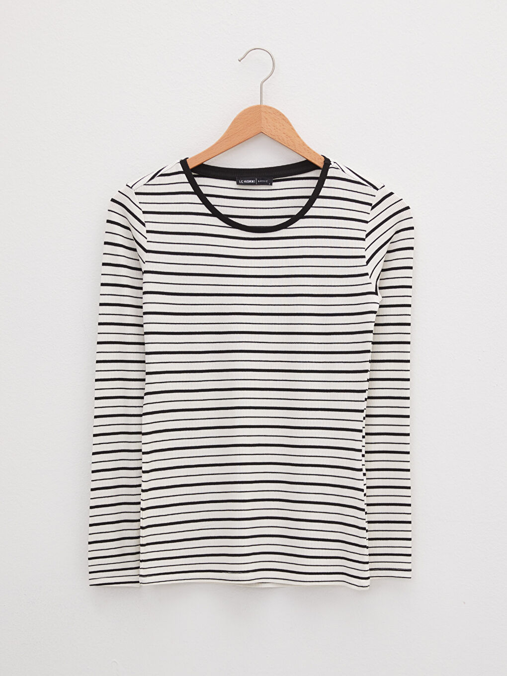 Siyah Bisiklet Yaka Çizgili Uzun Kollu Kadın Tişört-5