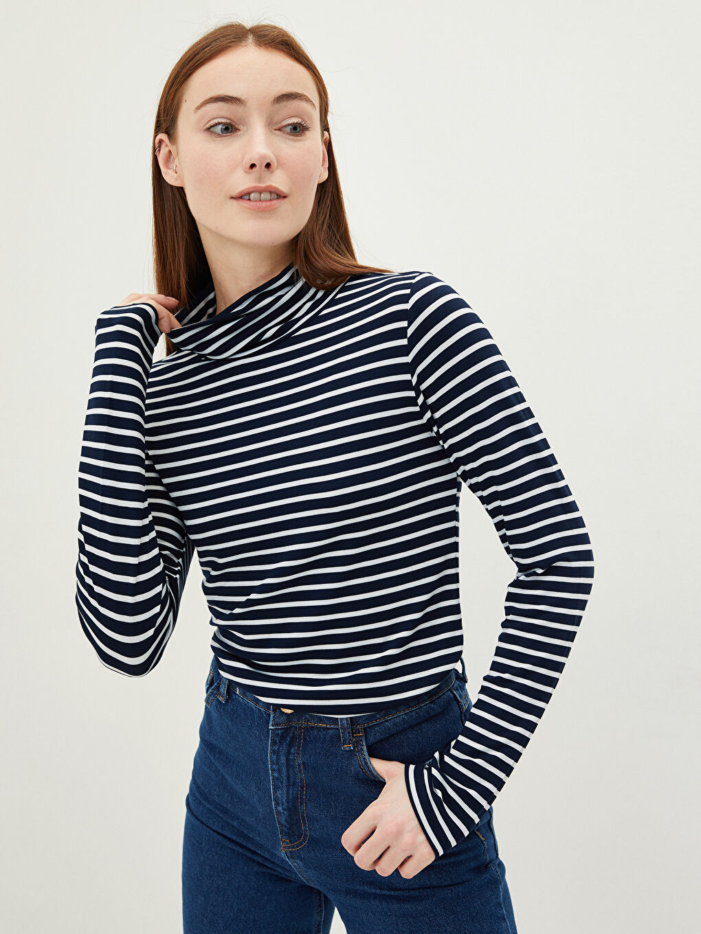 Body cu Guler tip Pâlnie Vărgat și Mânecă Lungă pentru Femei