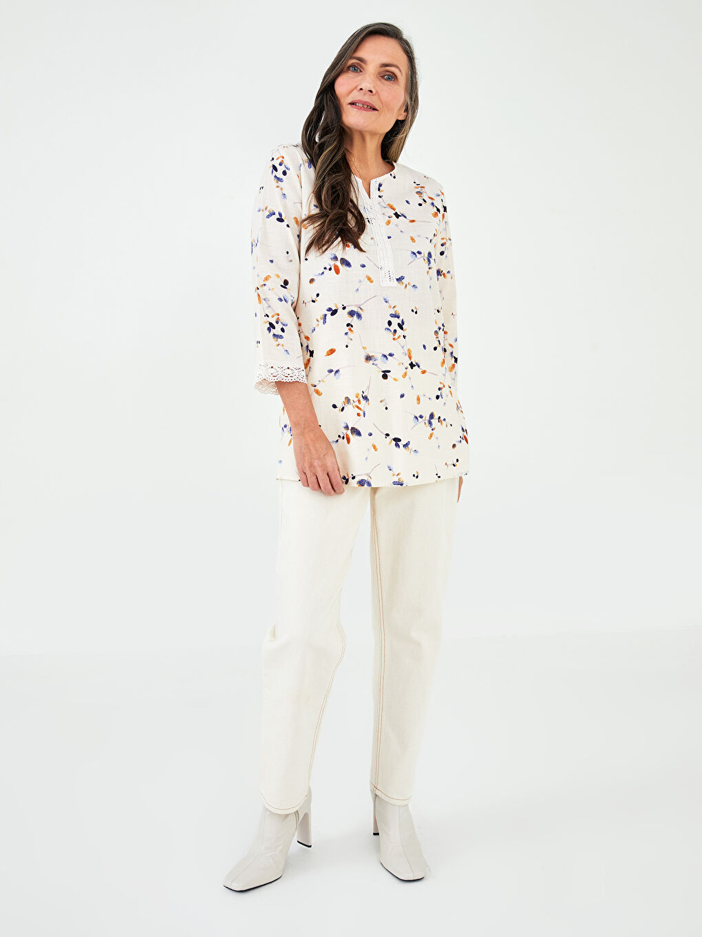 Henley Neckline Patterned Cotton Women's Blouse-1