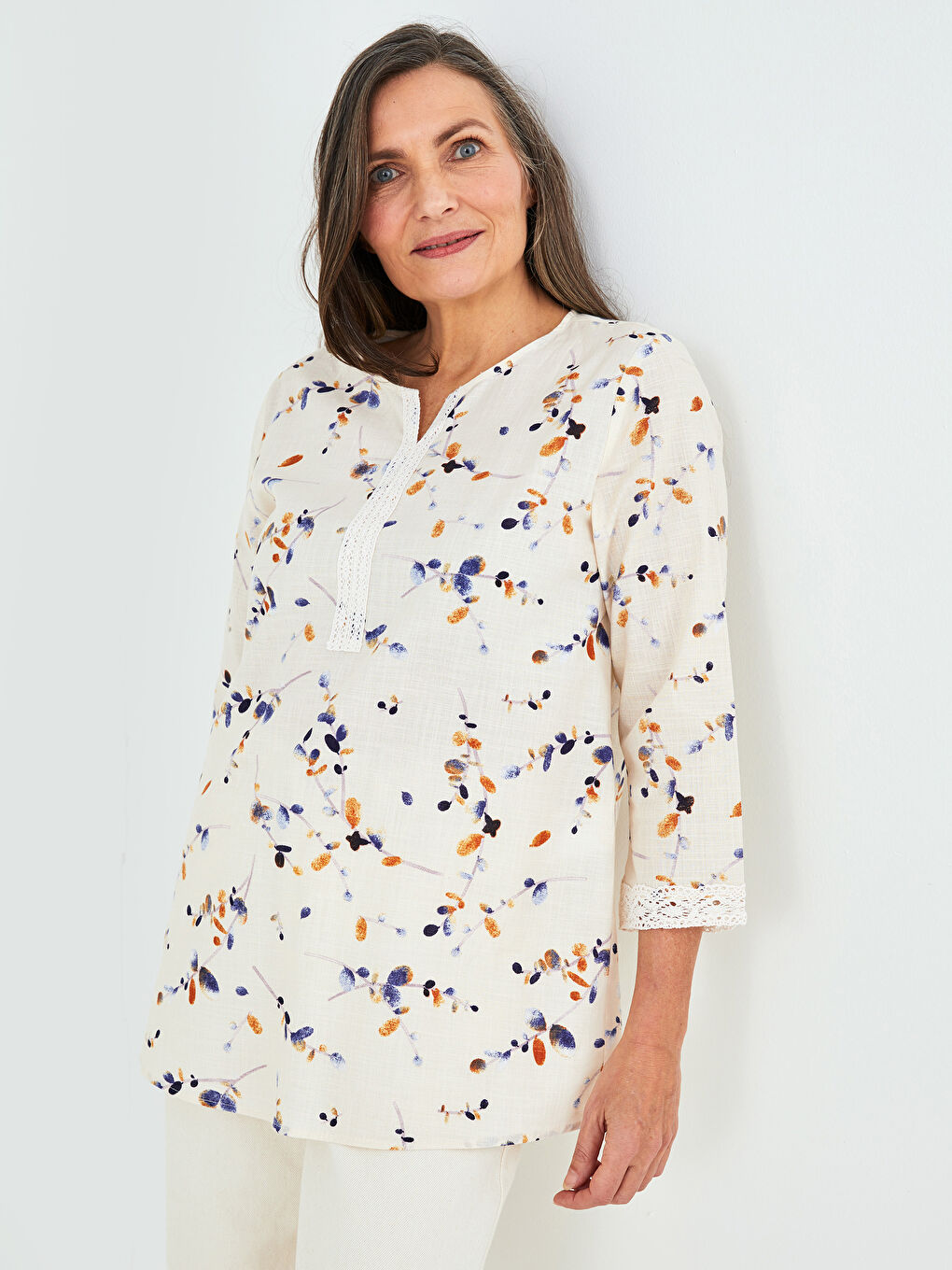 Henley Neckline Patterned Cotton Women's Blouse-2