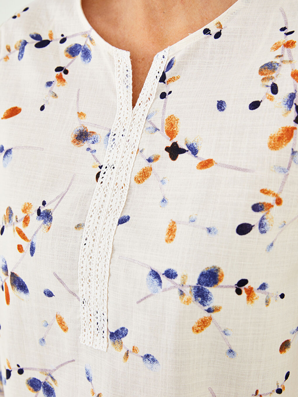 Henley Neckline Patterned Cotton Women's Blouse-3