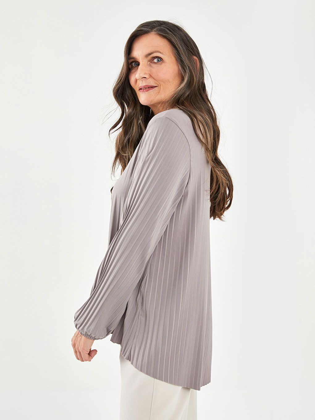 Bej Bisiklet Yaka Düz Uzun Kollu Kadın Tişört-1