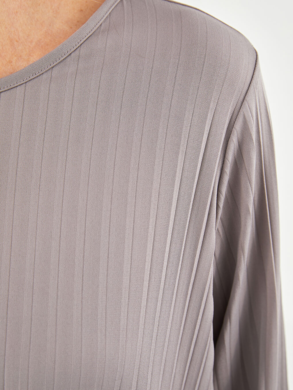 Bej Bisiklet Yaka Düz Uzun Kollu Kadın Tişört-2