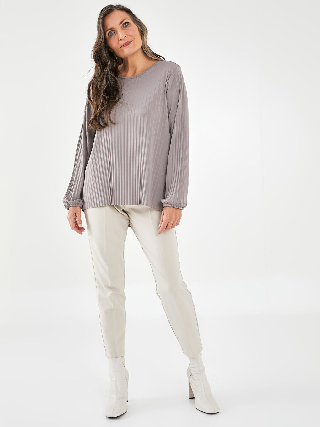 Bej Bisiklet Yaka Düz Uzun Kollu Kadın Tişört-3