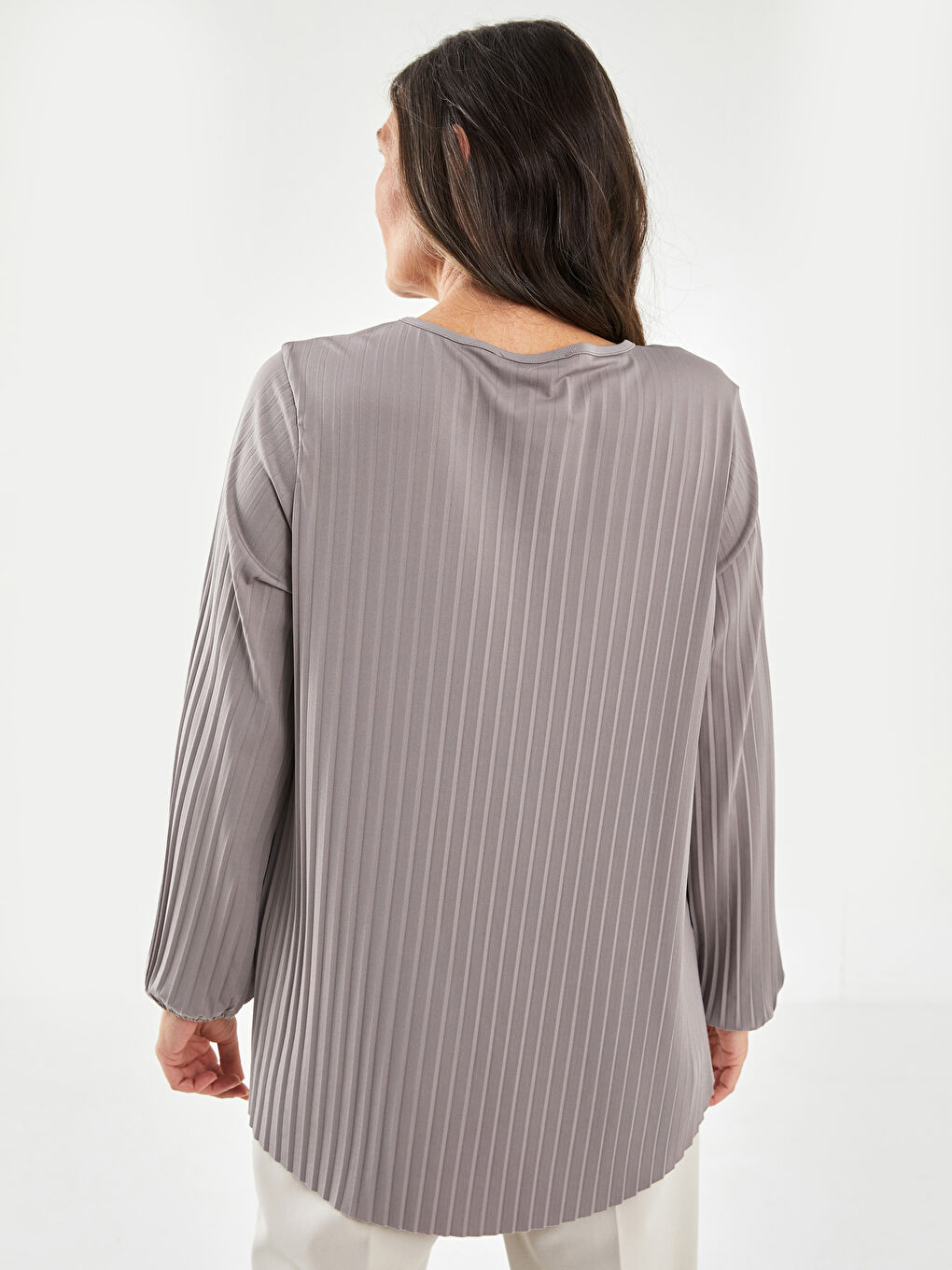 Bej Bisiklet Yaka Düz Uzun Kollu Kadın Tişört-4