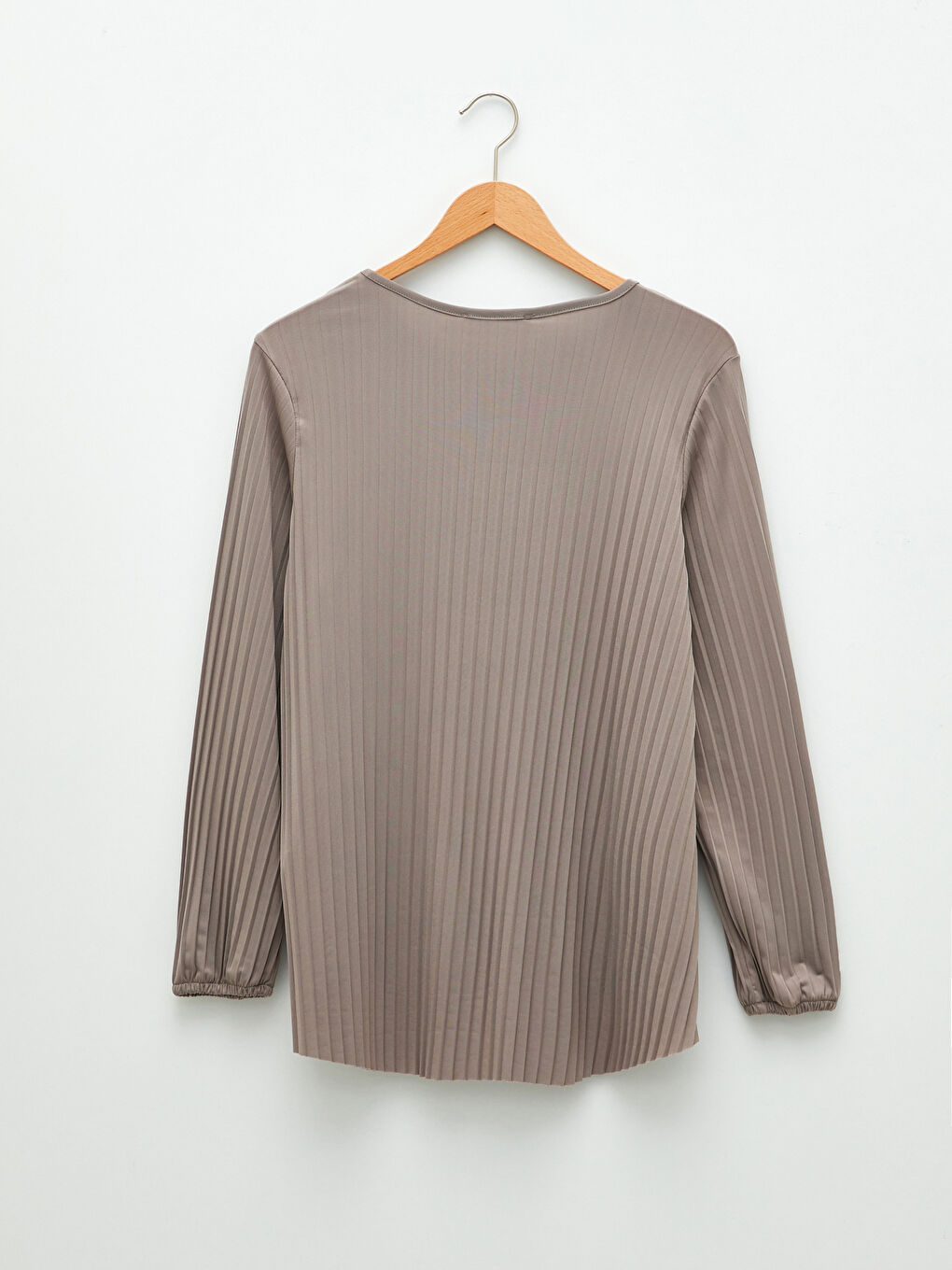 Bej Bisiklet Yaka Düz Uzun Kollu Kadın Tişört-6