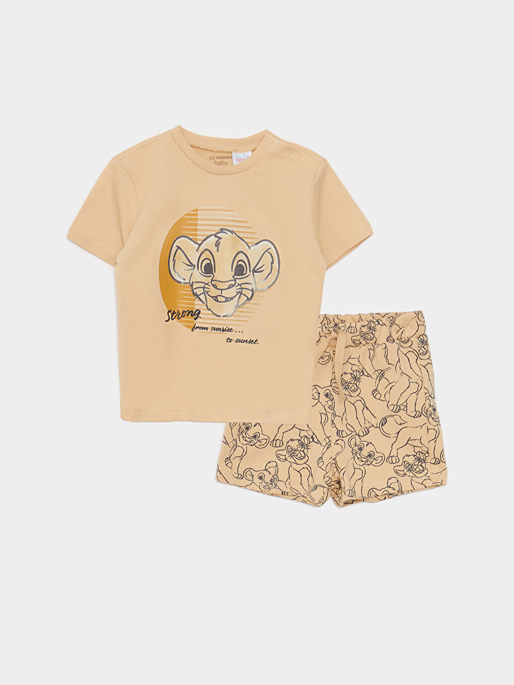 Bej Bisiklet Yaka Kısa Kollu Aslan Kral Baskılı Erkek Bebek Tişört ve Şort 2'li Takım