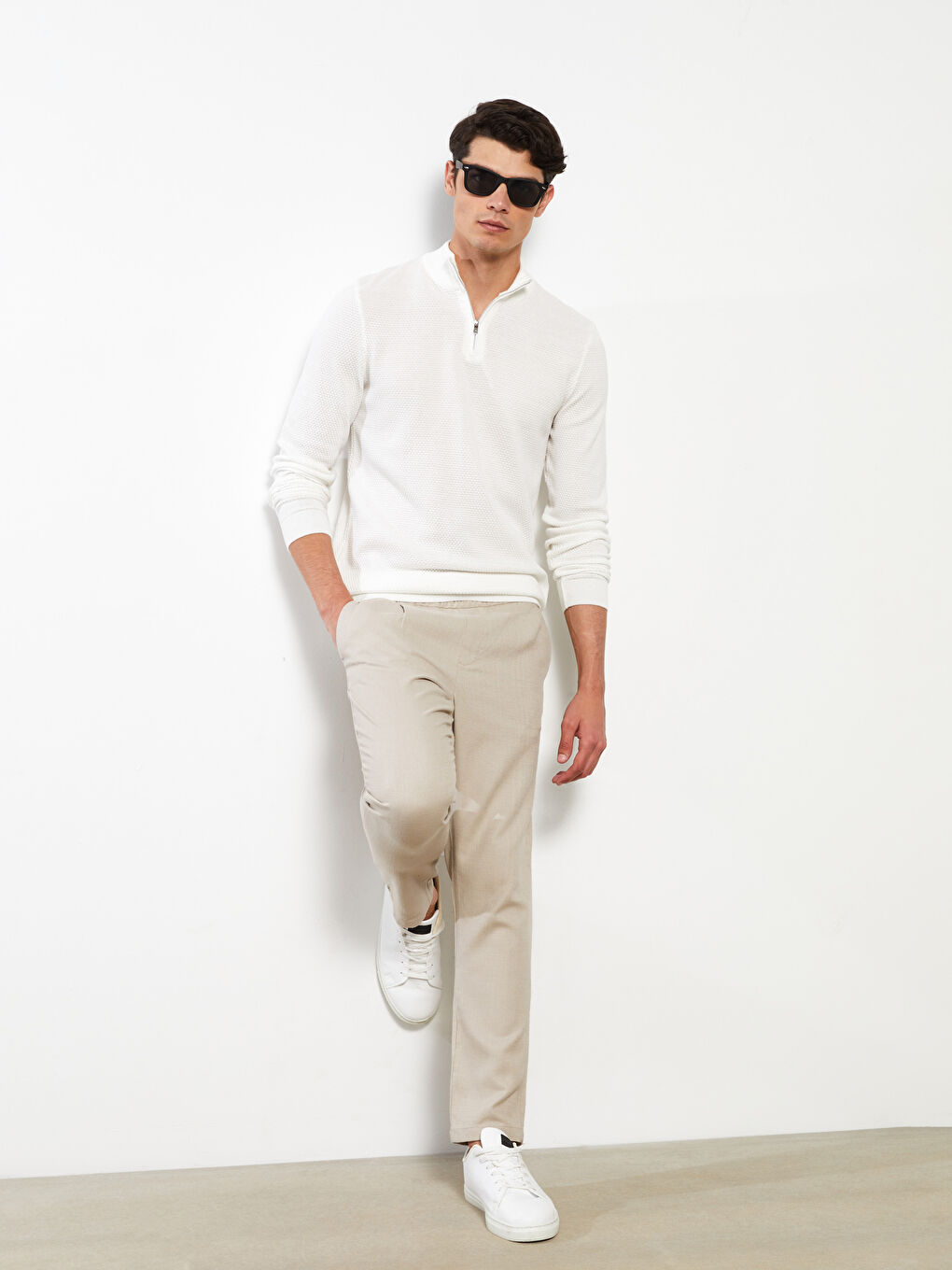 Bej Slim Fit Beli Bağlama Detaylı Erkek Pantolon