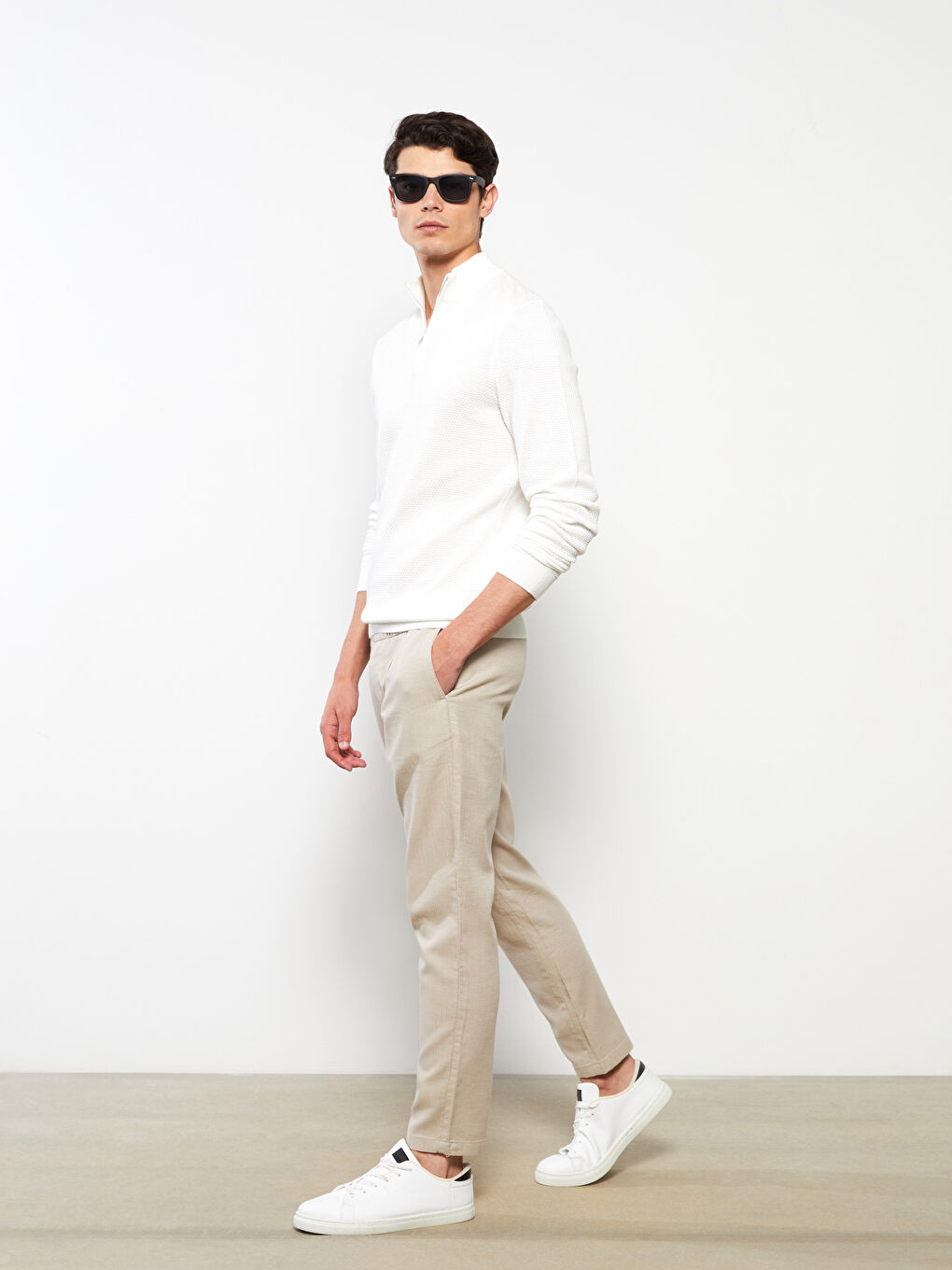 Bej Slim Fit Beli Bağlama Detaylı Erkek Pantolon-1