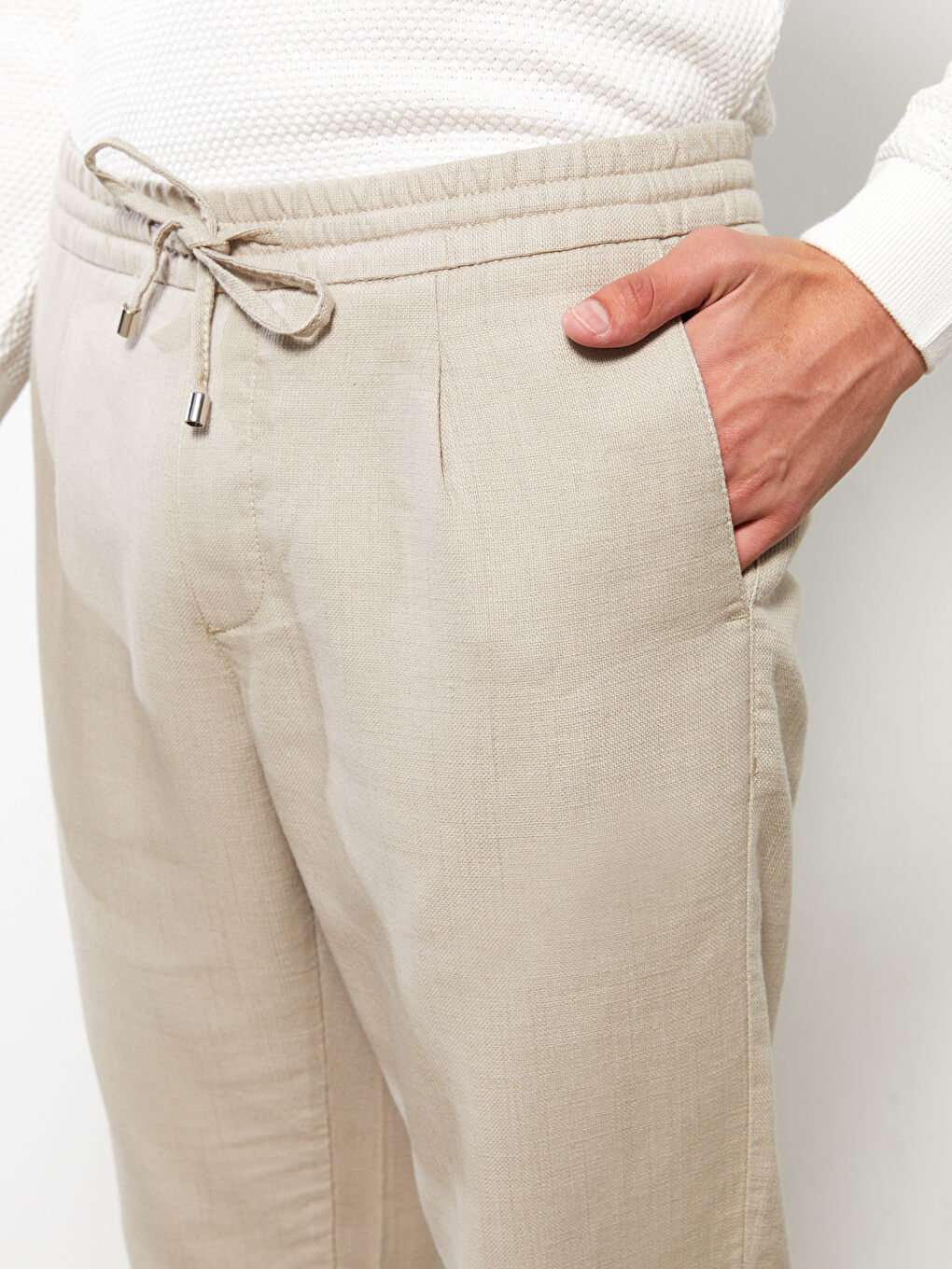 Bej Slim Fit Beli Bağlama Detaylı Erkek Pantolon-2