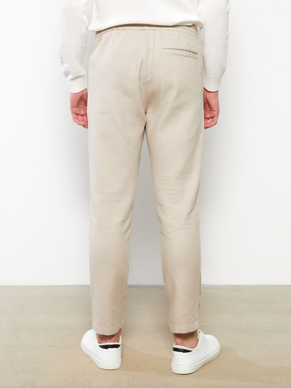 Bej Slim Fit Beli Bağlama Detaylı Erkek Pantolon-4