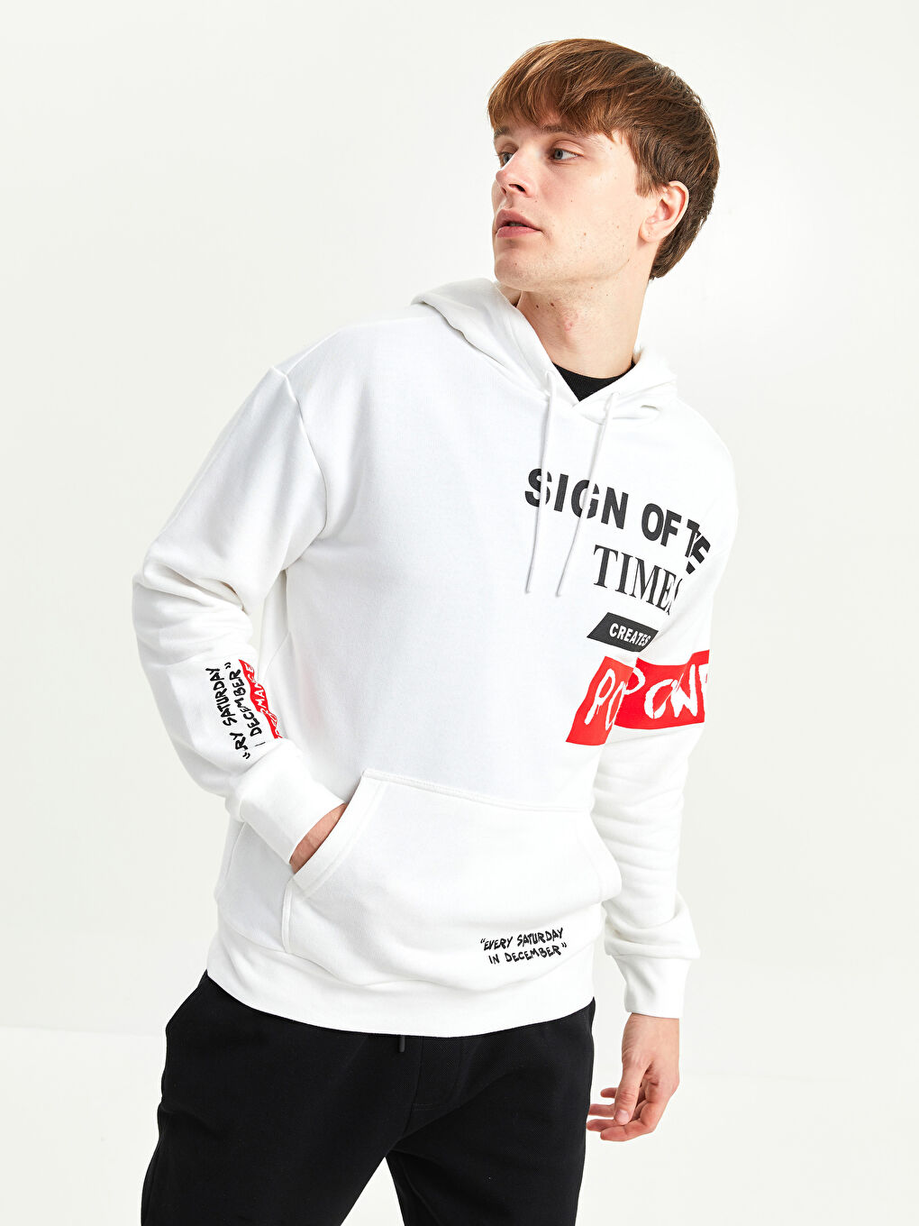 Beyaz Oversize Uzun Kollu Baskılı Erkek Hoodie-2