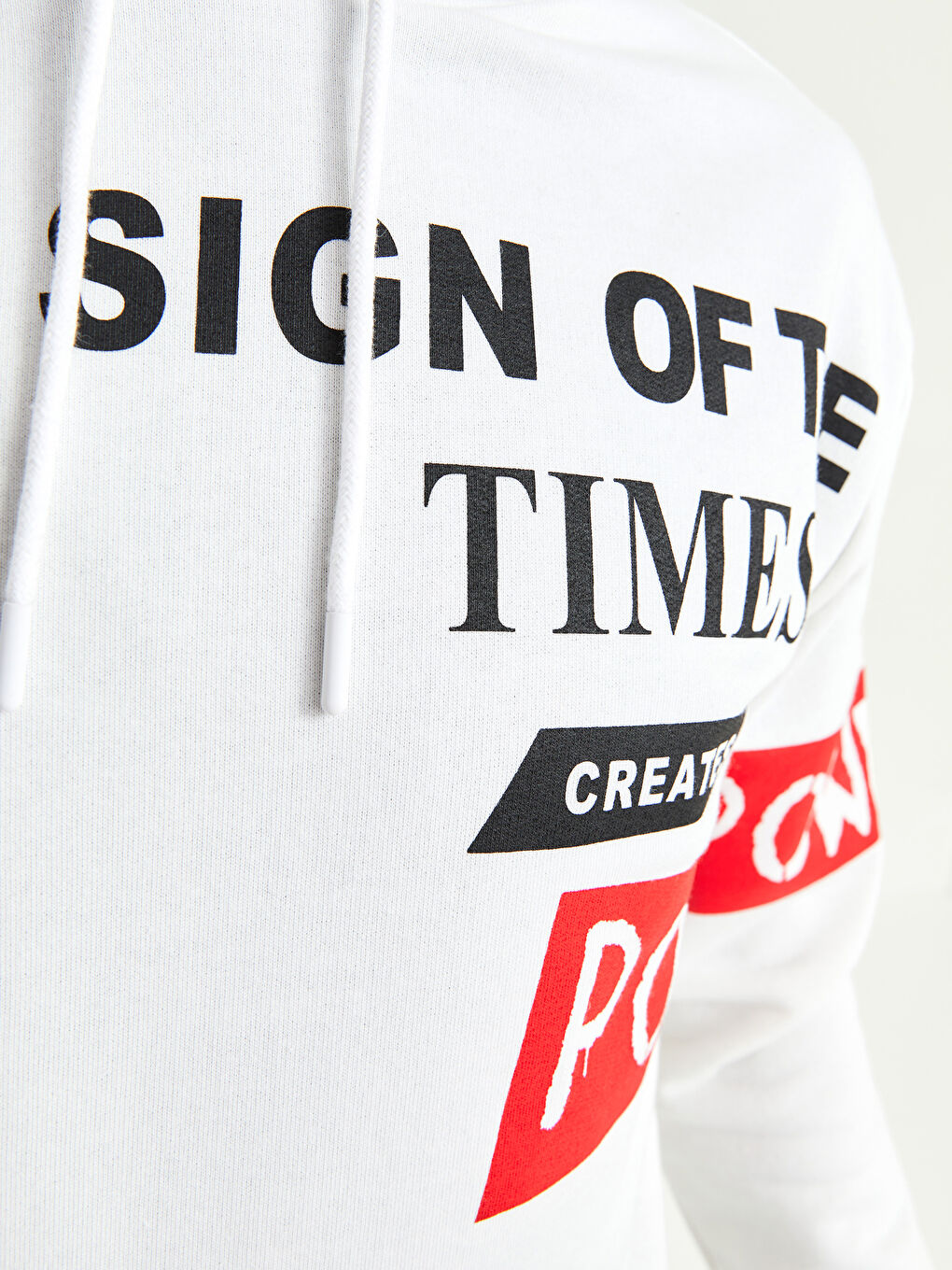 Beyaz Oversize Uzun Kollu Baskılı Erkek Hoodie-4